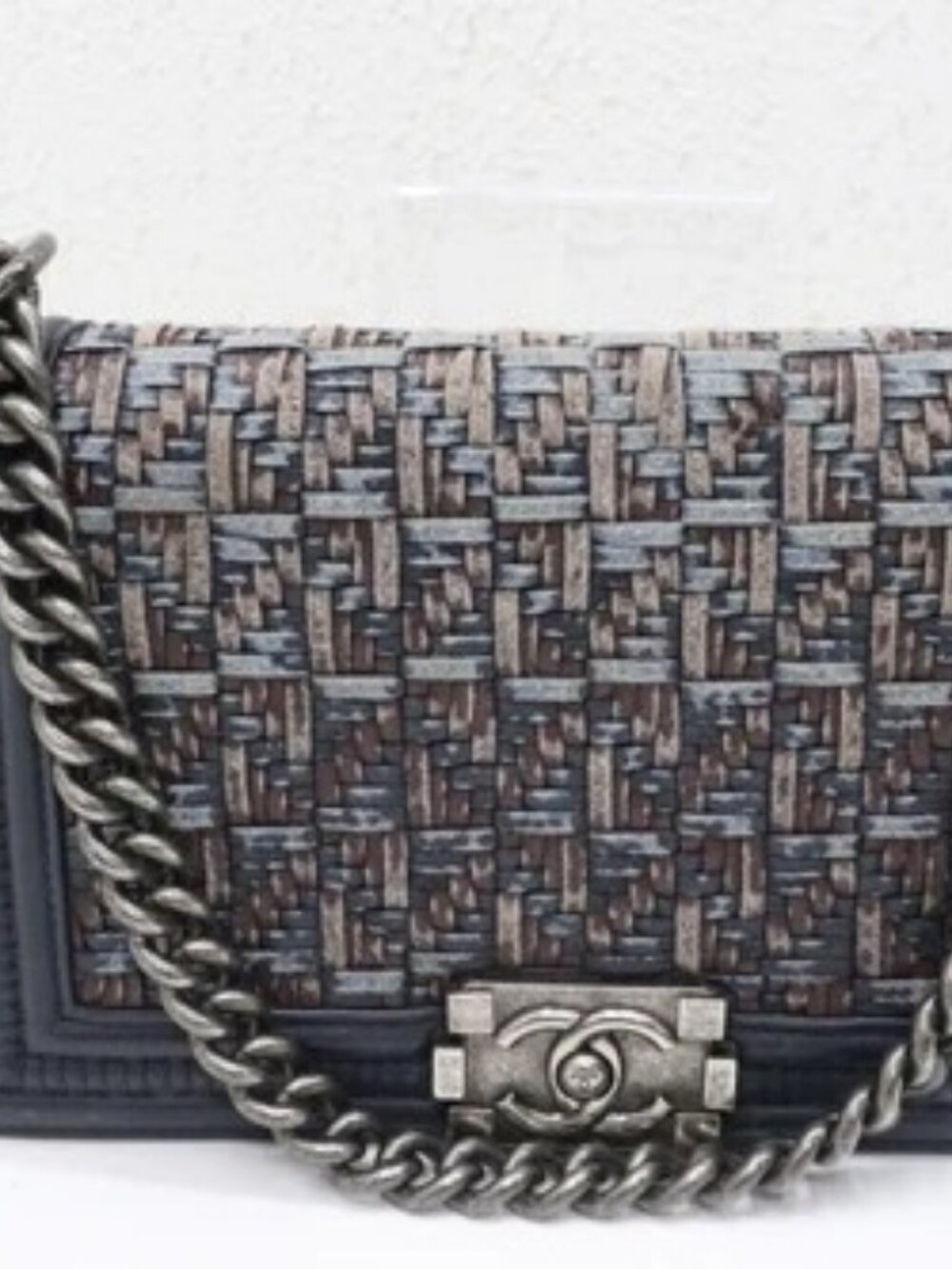 Chanel Medium Woven Boy Flap Bag Blue Dark Calf Leather Crossbody
